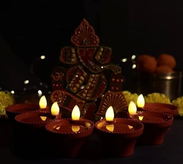 Plastic Traditional Water Sensor LED Diya for Diwali (Brown, Pack of 12)