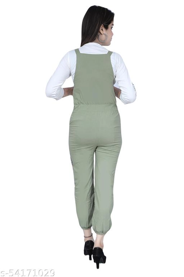 Cotton Blend Solid Dungaree for Women & Girls (White & Mint Green, M)