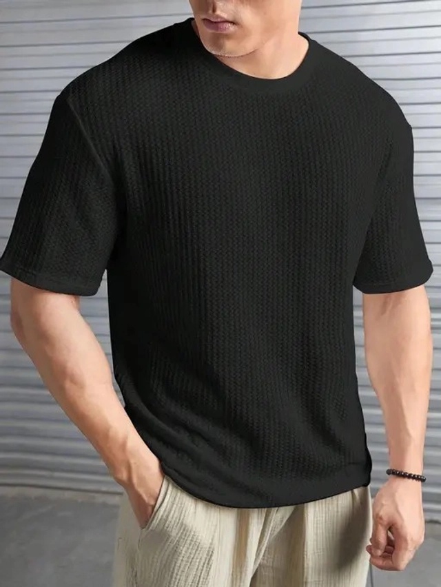 Round Neck Solid T-Shirt for Men (Black, M)