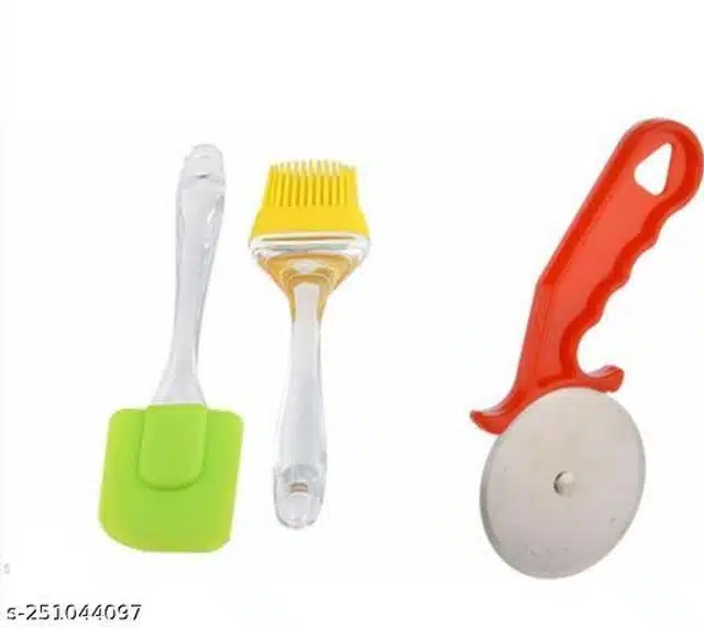 Spatula with Oil Brush & Pizza Cutter (Multicolor, Set of 3)