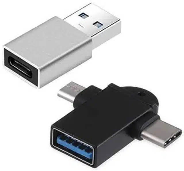 Type C & Micro OTG Male to USB A 3.0 Female Data Transfer & USB-C Female to USB-A Male Adapter (Set of 2) (Black & Silver)