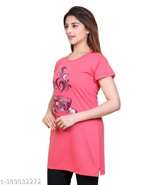 Round Neck Printed Long T-Shirt for Women (Pink, M)