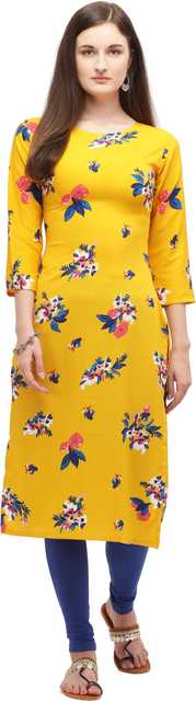 Yatksh Round Neck Below Knee 3/4 Sleeve Womens kurti (Yellow, S) (A-32)