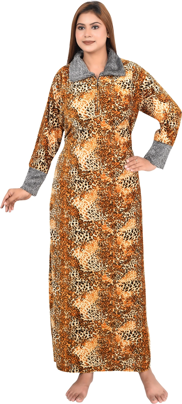 Velvet Printed Nightdress for Women (Gold, Free Size)