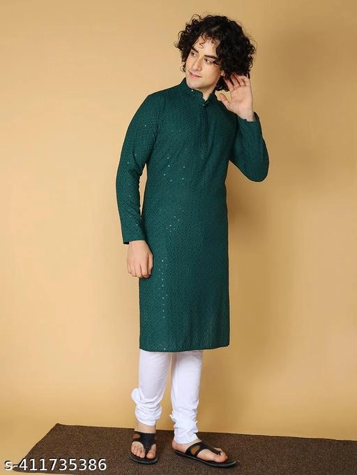 Viscose Rayon Embroidered Kurta for Men (S, Bottle Green)