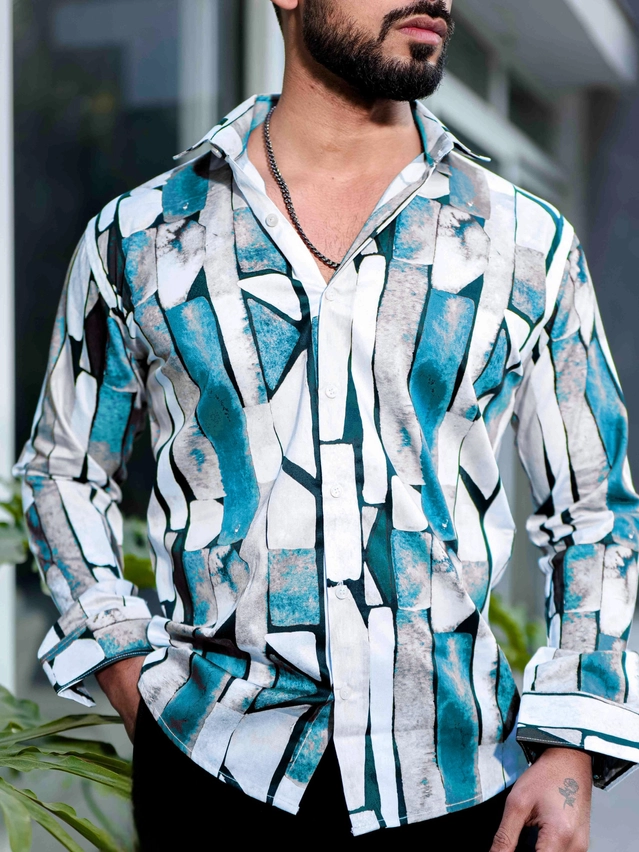 Full Sleeves Printed Shirt for Men (Green & White, S)