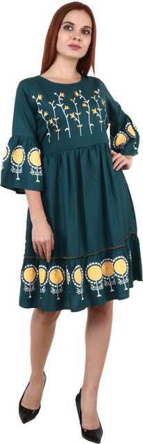 Stylish New Cotton Rayon Blend Women Printed Kurti Dress (Dark Green, M) (ITN-123)