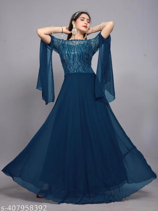 Georgette Embellished Gown for Women (Teal, S)