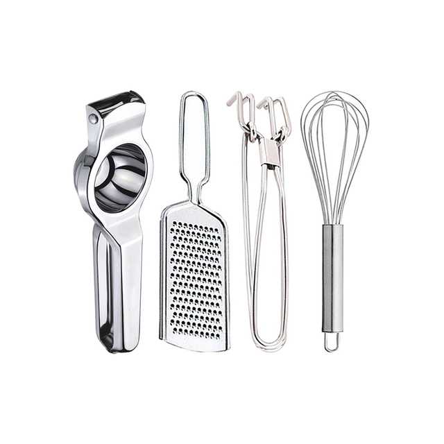 Oc9 Stainless Steel Lemon Squeezer & Cheese Grater & Pakkad & Egg Whisk Kitchen Tool Set (O-43)