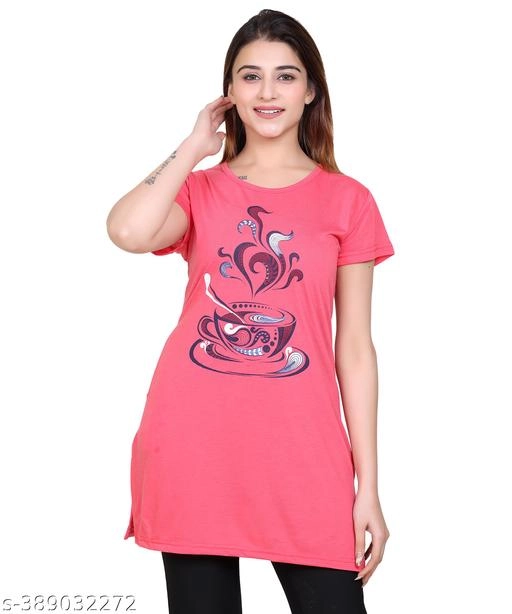 Round Neck Printed Long T-Shirt for Women (Pink, M)