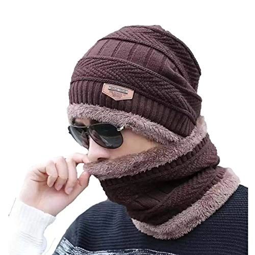 Woolen Cap with Neck Warmer & Gloves for Men & Women (Brown & Black, Set of 2)