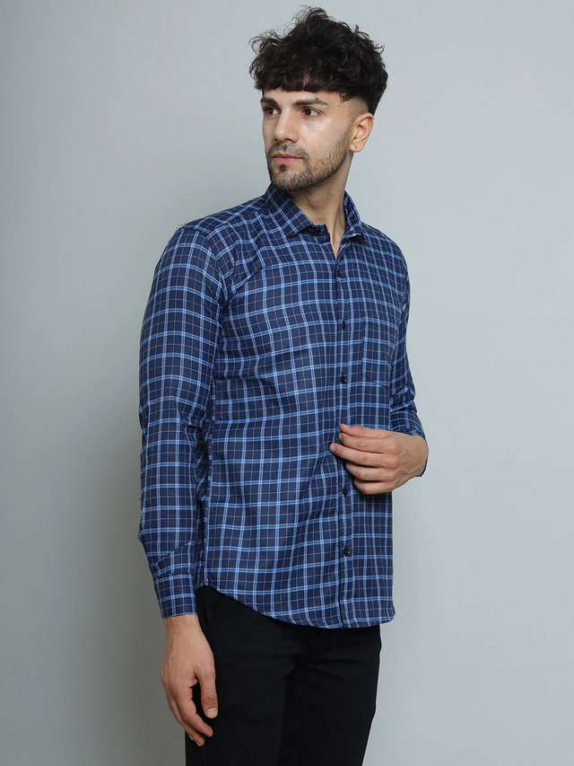 Full Sleeves Checked Shirt for Men (Blue, M)