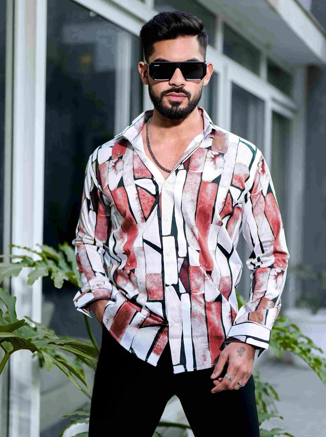 Full Sleeves Printed Shirt for Men (Red & White, S)