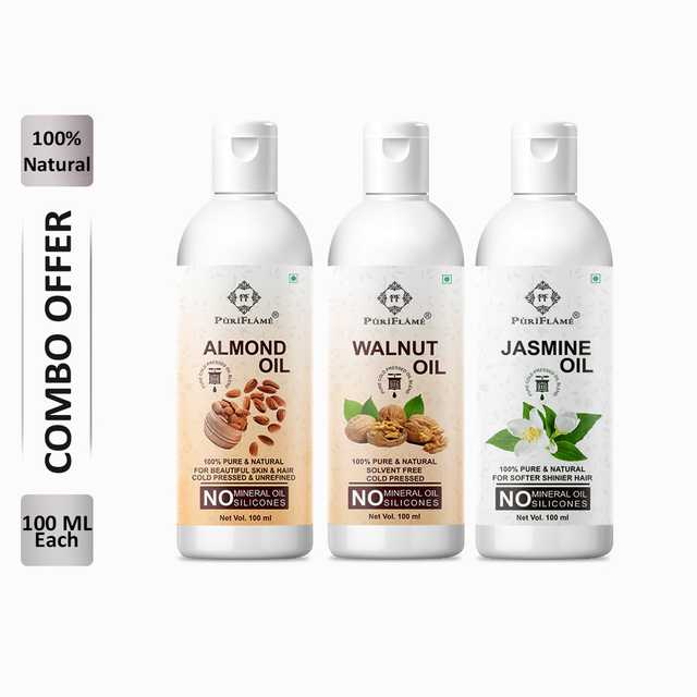 PuriFlame Pure Almond Oil (100 ml) & Walnut Oil (100 ml) & Jasmine Oil (100 ml) Combo For Rapid Hair Growth (Pack Of 3) (B-1899)
