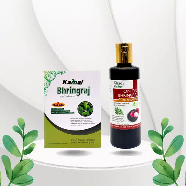 Khadi Kamal Herbal Bhringraj Powder & Onion Bhringraj Shampoo (Pack of 2)