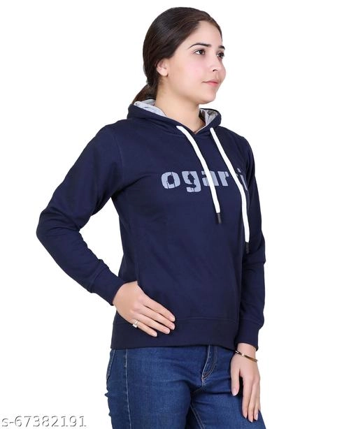 Cotton Blend Printed Hoodie for Women (Navy Blue, M)