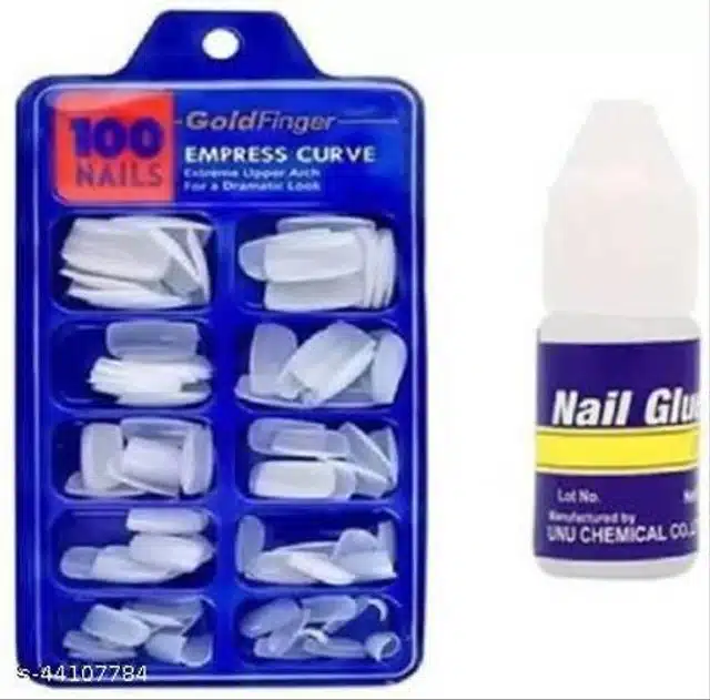(100 Pcs) GoldFinger Womens Artificial Nails with Glue (White, Set of 2)
