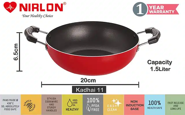 Aluminium Nonstick Tawa with Kadhai & Glass Lid Set (Red, Set of 3)