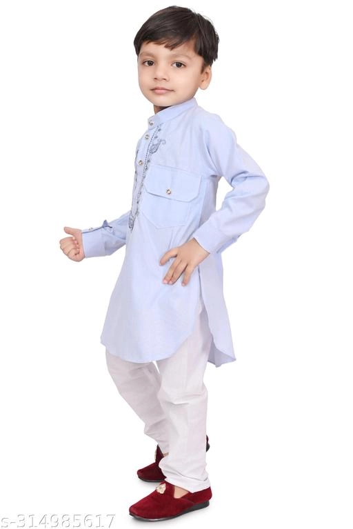 Cotton Blend Solid Kurta with Pyjama for Boys (Sky Blue & White, 2-3 Years)