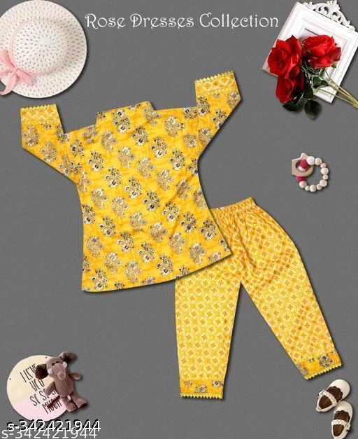 Cotton Blend Kurta Set for Girls (Yellow, 2-3 Years)