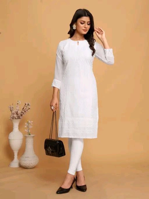 Georgette Chikankari Kurti for Women (White, M)