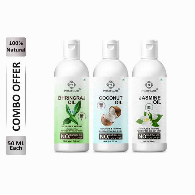Puriflame Pure Bhringraj Oil (50 ml), Coconut Oil (50 ml) & Jasmine Oil (50 ml) Combo for Rapid Hair Growth (Pack Of 3) (B-9298)