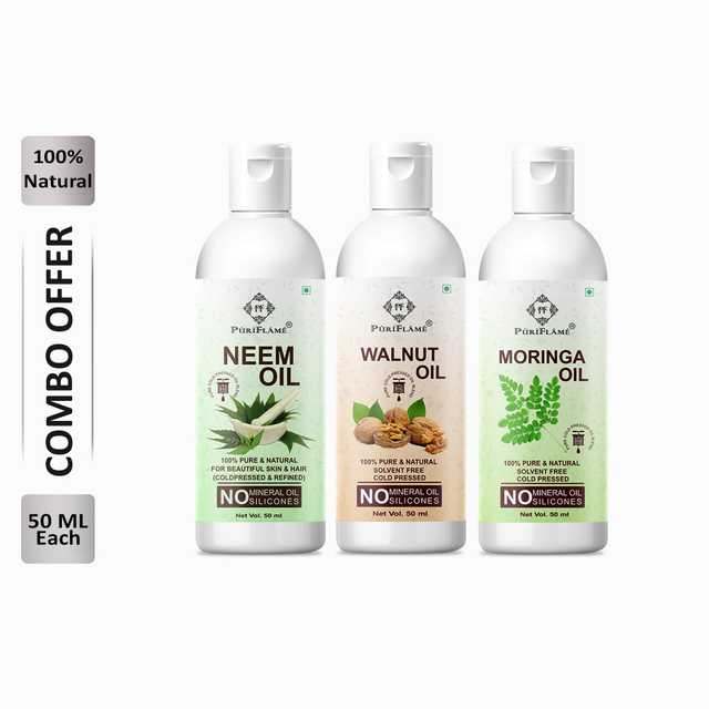 Puriflame Pure Neem Oil (50 ml), Walnut Oil (50 ml) & Moringa Oil (50 ml) Combo for Rapid Hair Growth (Pack of 3) (B-12260)