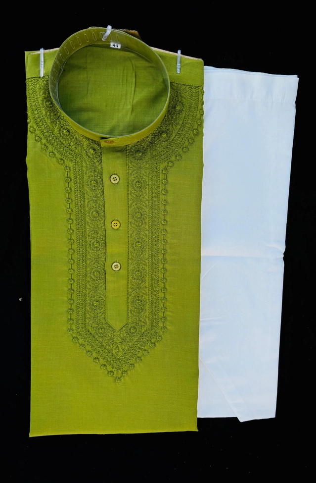 Cotton Embroidered Kurta with Pyjama for Men (Green & White, L)