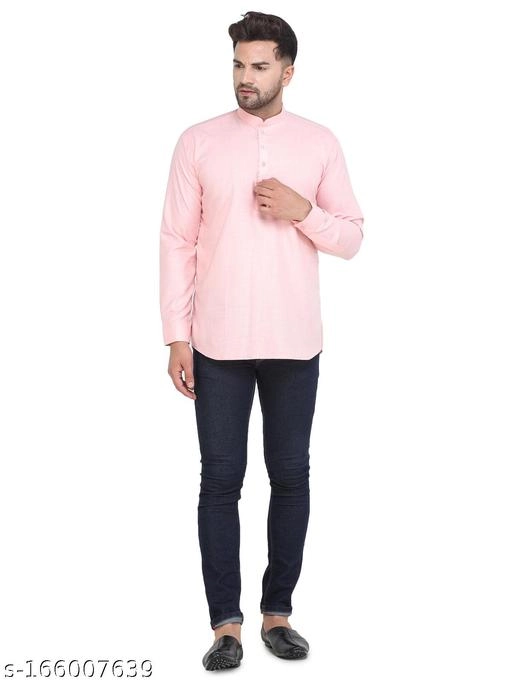 Cotton Blend Solid Short Kurta for Men (Pink, S)