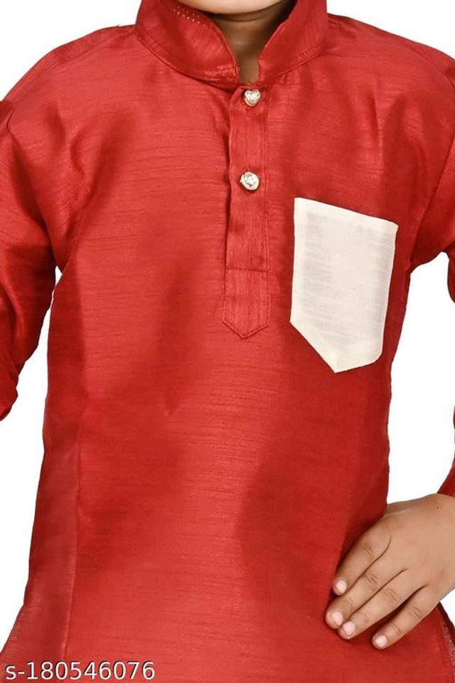 Art Silk Kurta with Pyjama Set for Kids (Maroon & White, 2-3 Years)