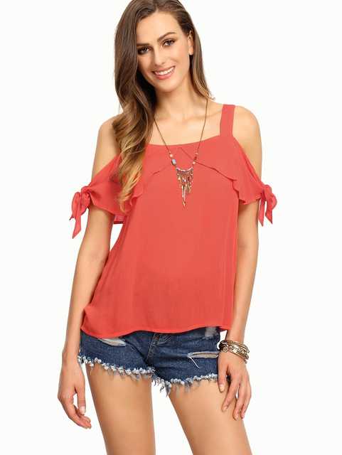Cold Shoulder Crop Top with Knot Sleeves (Peach, M) (RF-122)