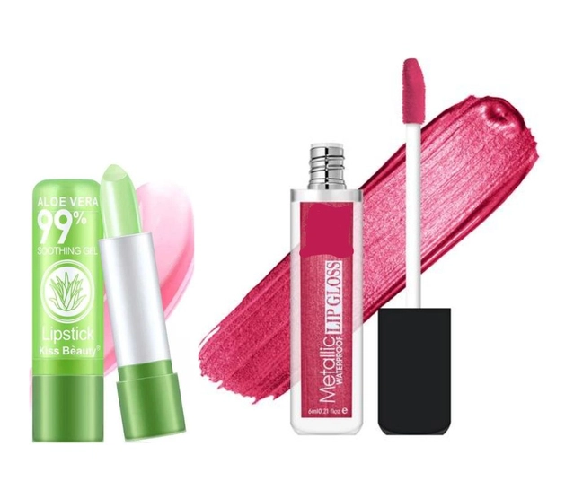 Combo of Metallic Waterproof Lip Gloss (6 ml) with Aloevera Lip Balm (Rose Pink, Set of 2)