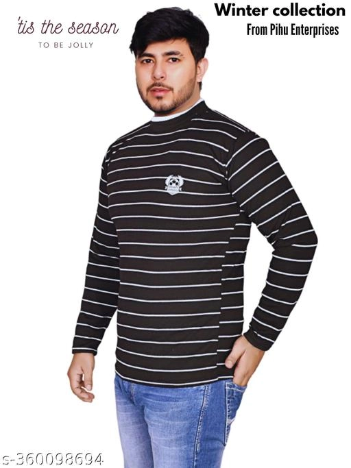 Woolen Striped Sweater for Men (Black, M)