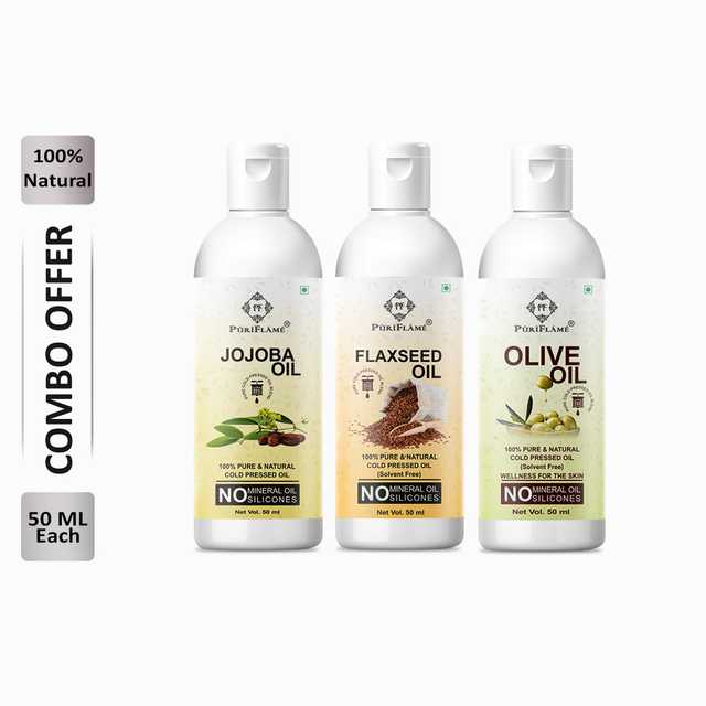 Puriflame Pure Jojoba Oil (50 ml), Flaxseed Oil (50 ml) & Olive Oil (50 ml) Combo for Rapid Hair Growth (Pack Of 3) (B-11478)