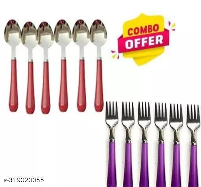 Stainless Steel Spoons (6 Pcs) with 6 Pcs Forks (Multicolor, Set of 2)