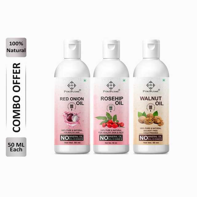 Puriflame Pure Red Onion Oil (50 ml), Rosehip Oil (50 ml) & Walnut Oil (50 ml) Combo for Rapid Hair Growth (Pack Of 3) (B-13149)