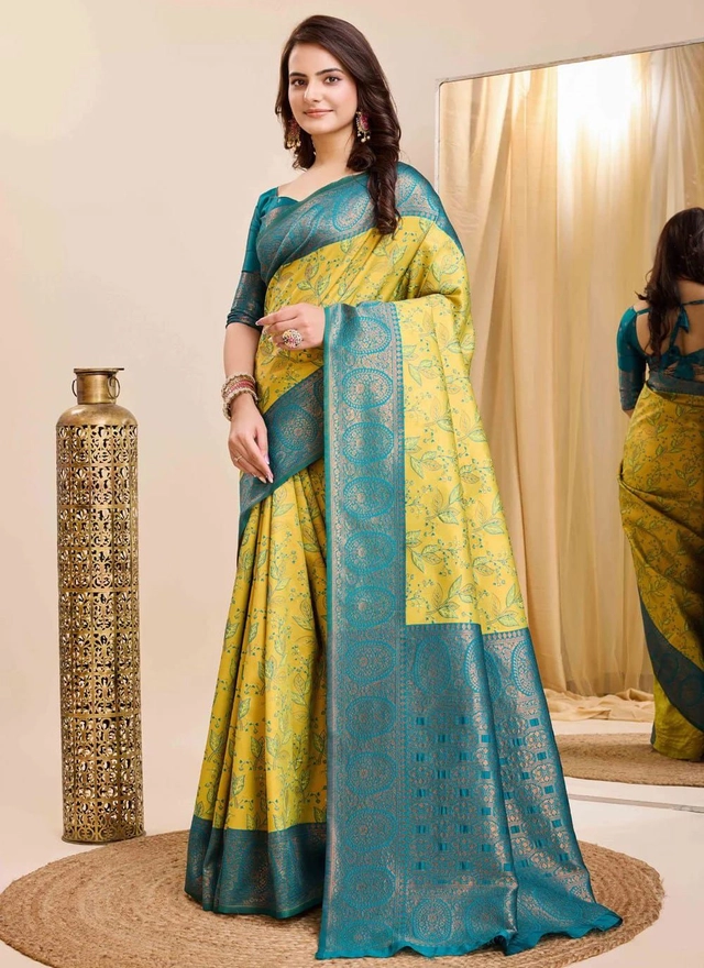 Lichi Silk Woven Design Saree for Women (Blue & Yellow, 6.3 m)