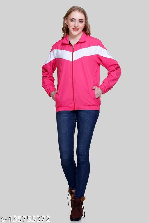 Nylon Solid Jackets for Women (Pink & White, M)