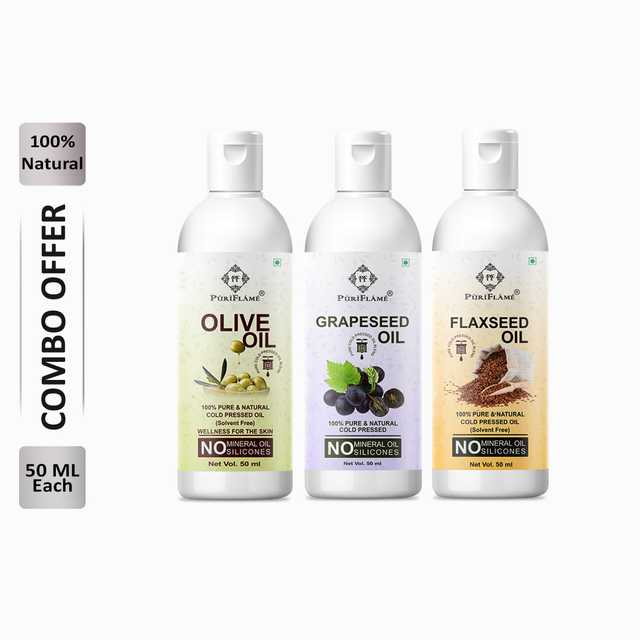 Puriflame Pure Olive Oil (50 ml), Grapeseed Oil (50 ml) & Flaxseed Oil (50 ml) Combo for Rapid Hair Growth (Pack Of 3) (B-12409)