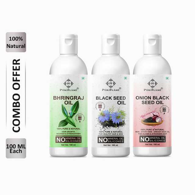 PuriFlame Pure Bhringraj Oil (100 ml) & Blackseed Oil (100 ml) & Onionblackseed Oil (100 ml) Combo For Rapid Hair Growth (Pack Of 3) (B-2677)