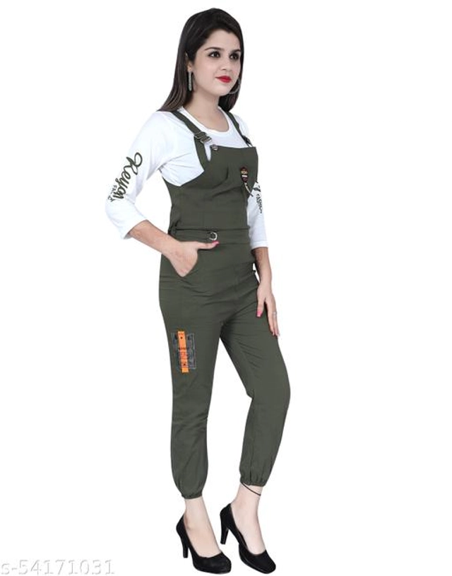 Cotton Blend Solid Dungaree for Women & Girls (Olive, S)