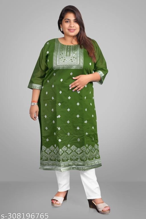 Chanderi Cotton Embroidered Kurti with Pant for Women (Olive, XXL)