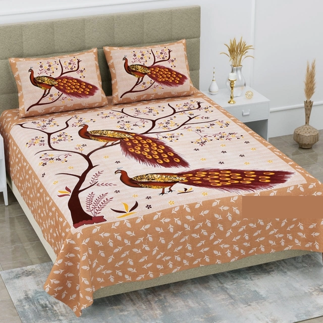 Cotton Printed Queen Size Bedsheet with 2 Pcs Pillow Covers (Orange, 90x100 inches)