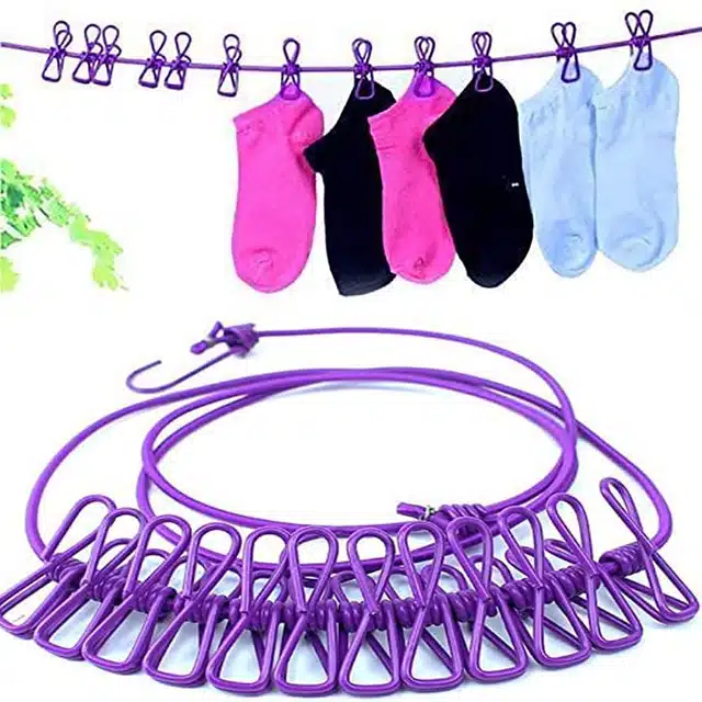 Stretchable Rope with 12 Pcs Clothespins Clothesline (Multicolor)