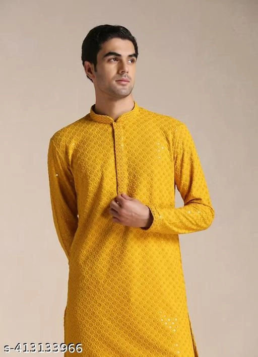 Viscose Embroidered Kurta for Men (S, Yellow)