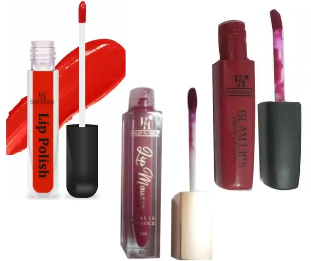 Combo of Lip Polish with Liquid Lipstick & Lip Mousse (Multicolor, Set of 3)