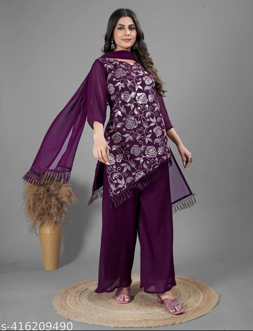 Georgette Embroidered Kurti with Sharara & Dupatta for Women (Purple, S)