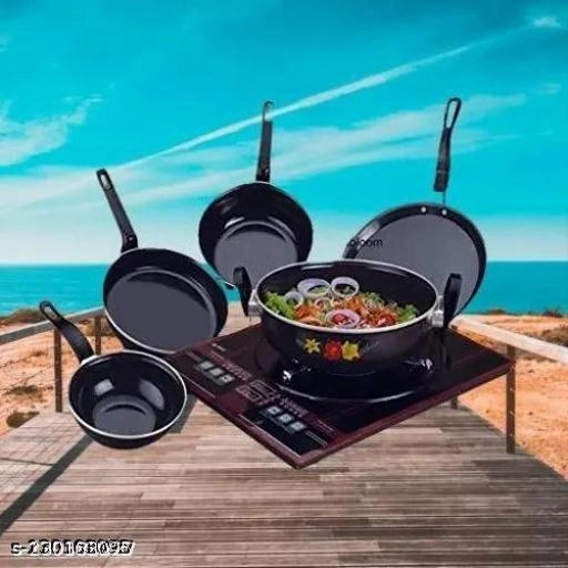 Combo of Sauce Pan, Tadka Pan, Fry Pan, Tawa & Kadai (Black, Set of 5)