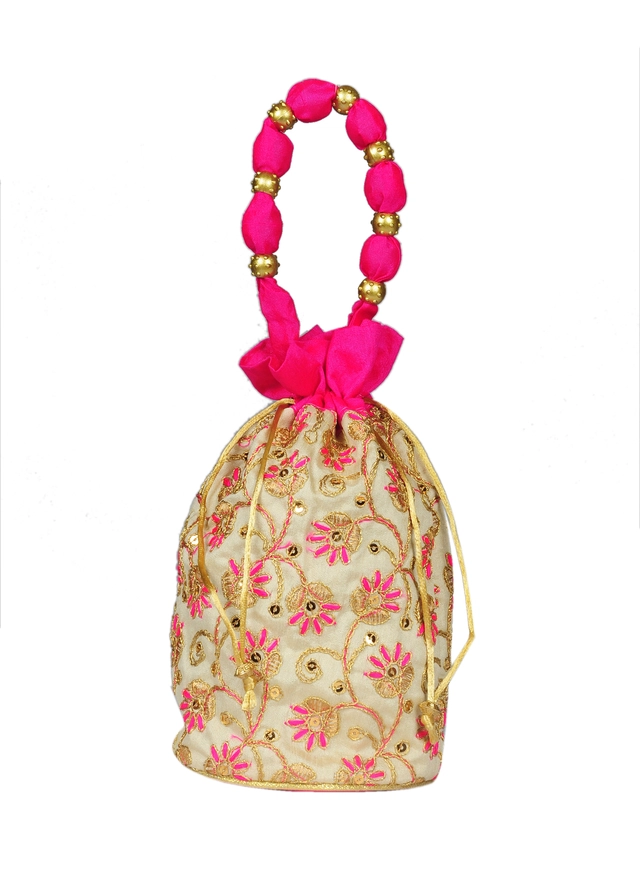 Silk Floral Ethnic Rajasthani Traditional Work Potli with Handle for Return Gifts (Pink)