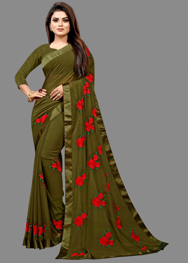 Georgette Embroidered Saree for Women (Olive, 6.3 m)